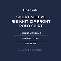 Haggar Rib Knit Zip Front Mens Regular Fit Short Sleeve Polo Shirt