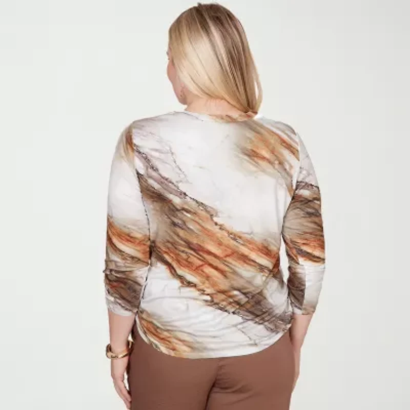 Alfred Dunner Spice Market Womens Split Crew Neck 3/4 Sleeve T-Shirt