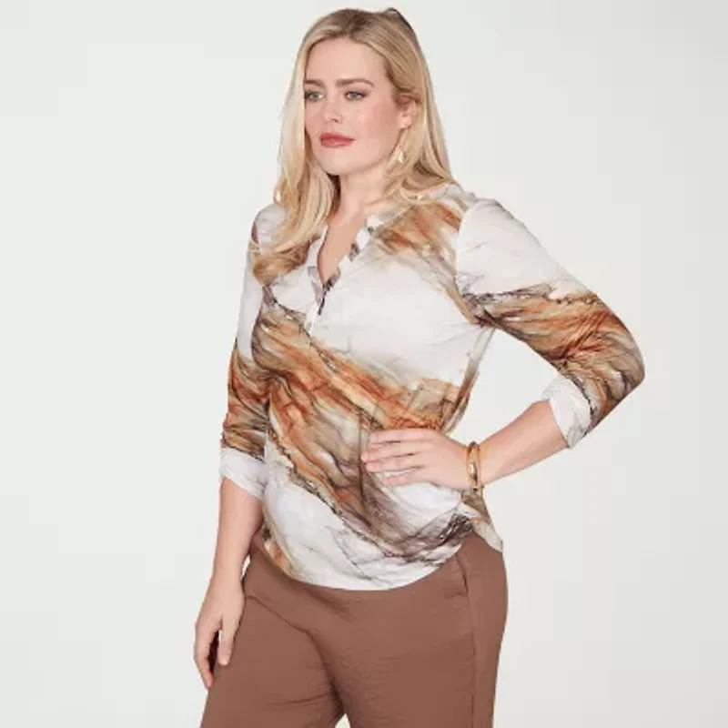 Alfred Dunner Spice Market Womens Split Crew Neck 3/4 Sleeve T-Shirt