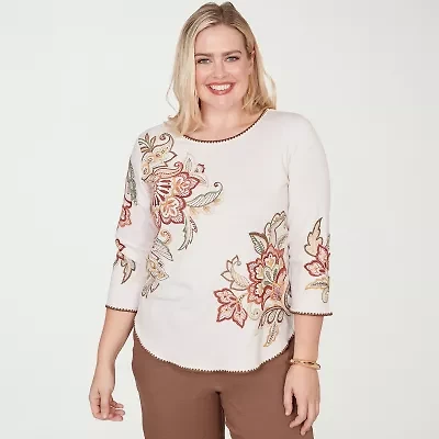 Alfred Dunner Spice Market Womens Crew Neck 3/4 Sleeve T-Shirt