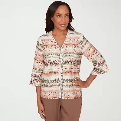 Alfred Dunner Spice Market Womens V Neck 3/4 Sleeve Blouse