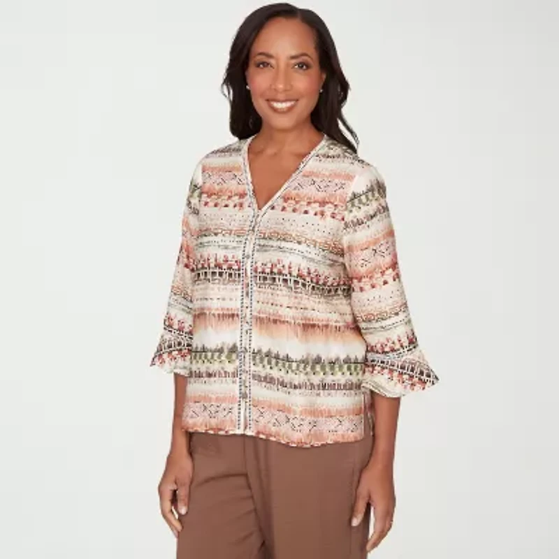 Alfred Dunner Spice Market Womens V Neck 3/4 Sleeve Blouse