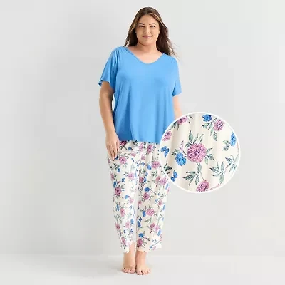 Liz Claiborne Cool and Calm Womens V-Neck Short Sleeve 2-pc. Plus Pajama Set