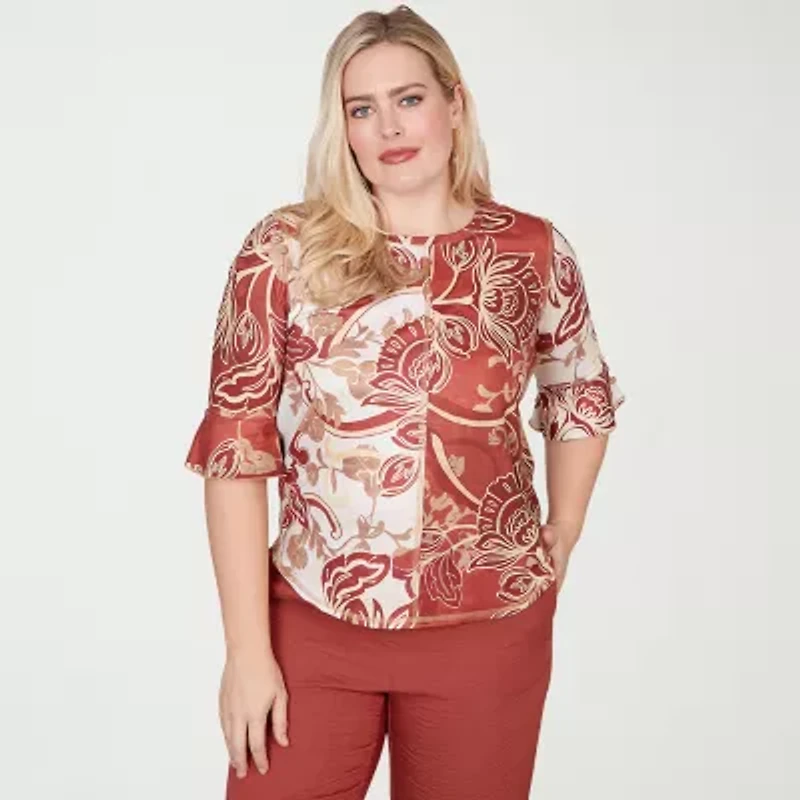 Alfred Dunner Spice Market Womens Crew Neck 3/4 Sleeve T-Shirt