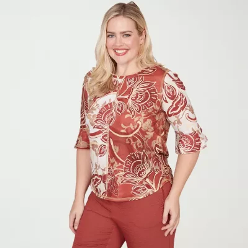 Alfred Dunner Spice Market Womens Crew Neck 3/4 Sleeve T-Shirt