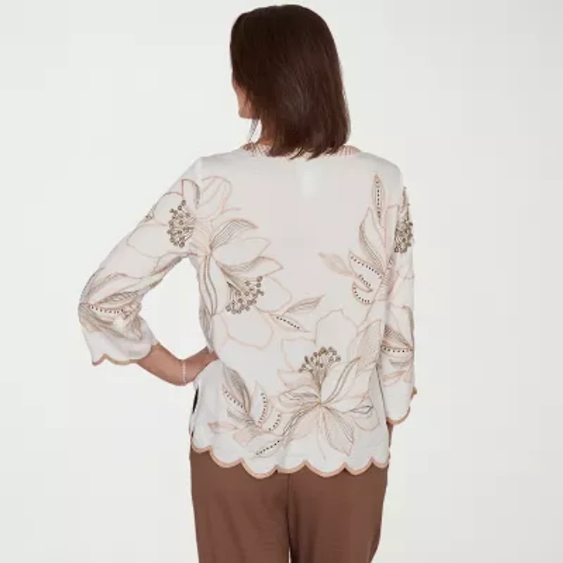 Alfred Dunner Spice Market Womens V Neck 3/4 Sleeve Blouse