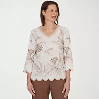 Alfred Dunner Spice Market Womens V Neck 3/4 Sleeve Blouse