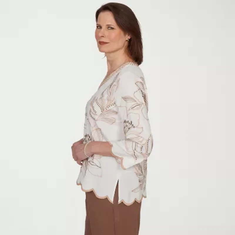 Alfred Dunner Spice Market Womens V Neck 3/4 Sleeve Blouse