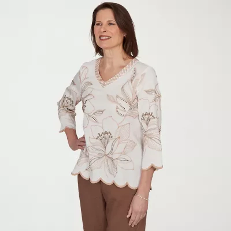 Alfred Dunner Spice Market Womens V Neck 3/4 Sleeve Blouse
