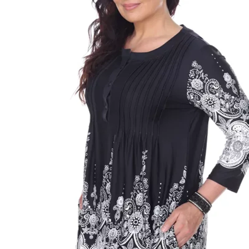 White Mark Plus Dulce Womens Henley Neck 3/4 Sleeve Tunic Top