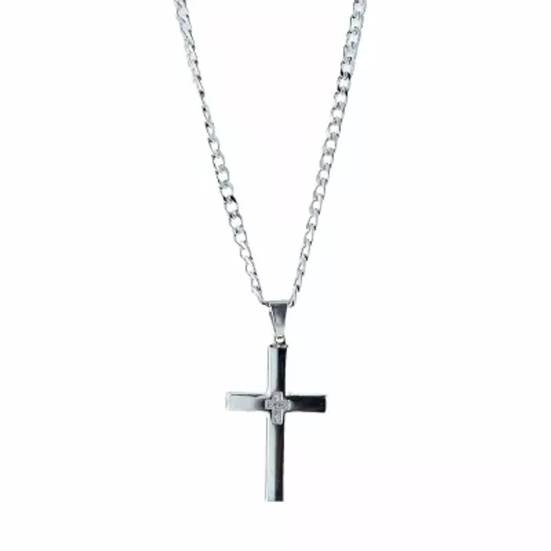 Mens 1/10 CT. T.W. Natural White Diamond Stainless Steel Cross 2-pc. Jewelry Set