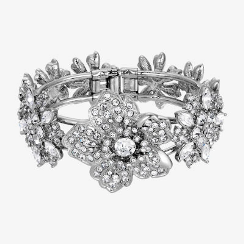 1928 Silver-Tone Womens Crystal Cuff Bracelet