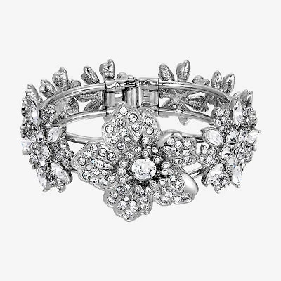1928 Silver-Tone Womens Crystal Cuff Bracelet