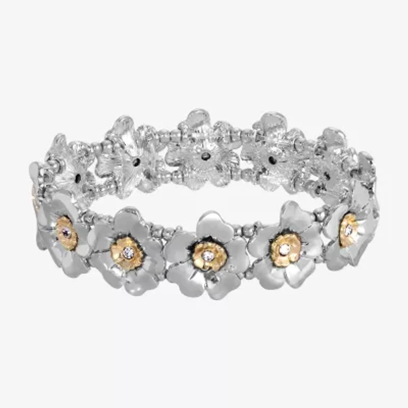 1928 Two-Tone Womens Crystal Flower Stretch Bracelet