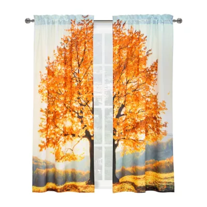Scenic Fall Tree Rod Pocket Light-Filtering Set of 2 Curtain Panel