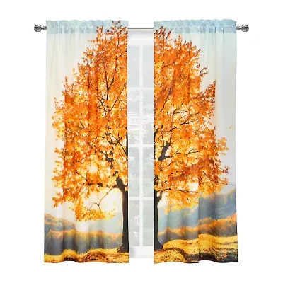 Scenic Fall Tree Rod Pocket Light-Filtering Set of 2 Curtain Panel