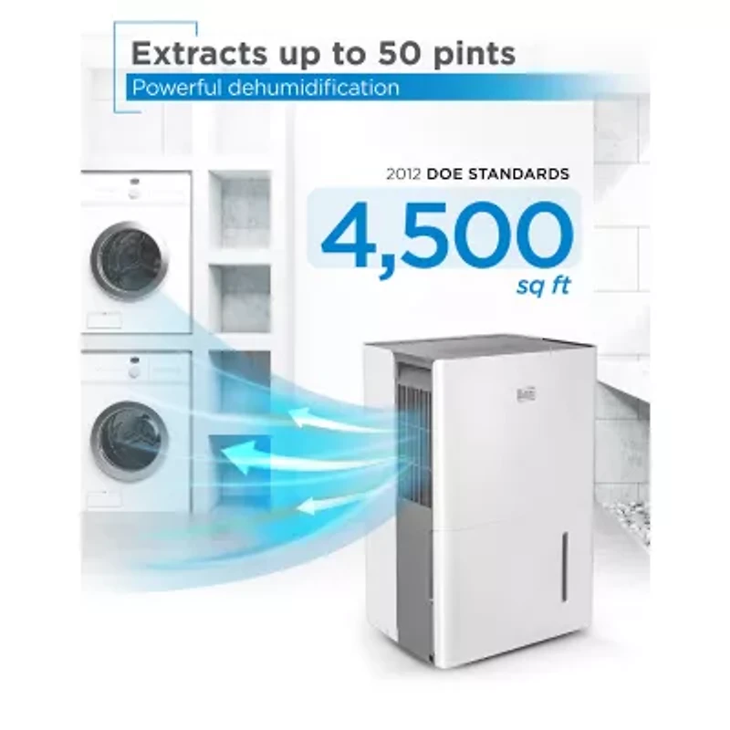 Black+Decker 4500 Sq Ft Dehumidifier With Built-In Drain Pump For Large Spaces Energy Star Digital BD50PMWSA