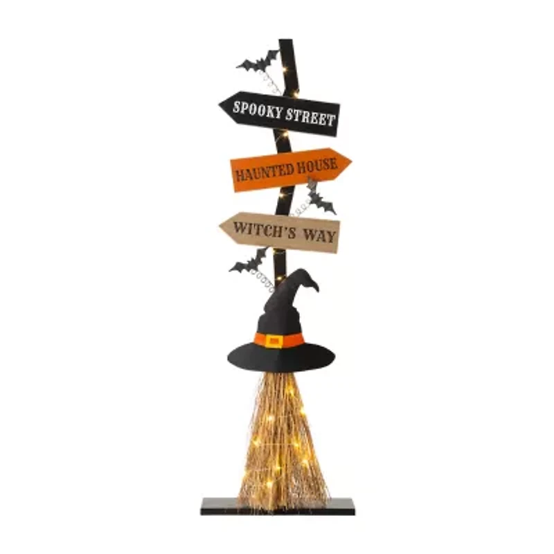 Glitzhome Lighted Wooden Witch's Broom Decor Halloween Indoor Porch Sign