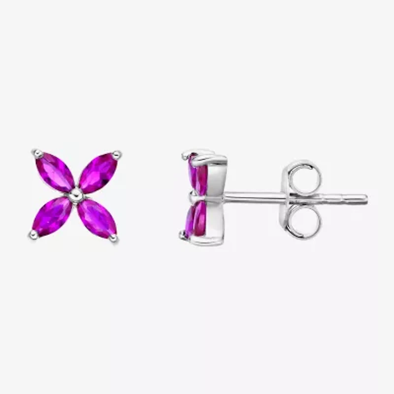 Lab Created Red Ruby Sterling Silver 7.5mm Flower Stud Earrings