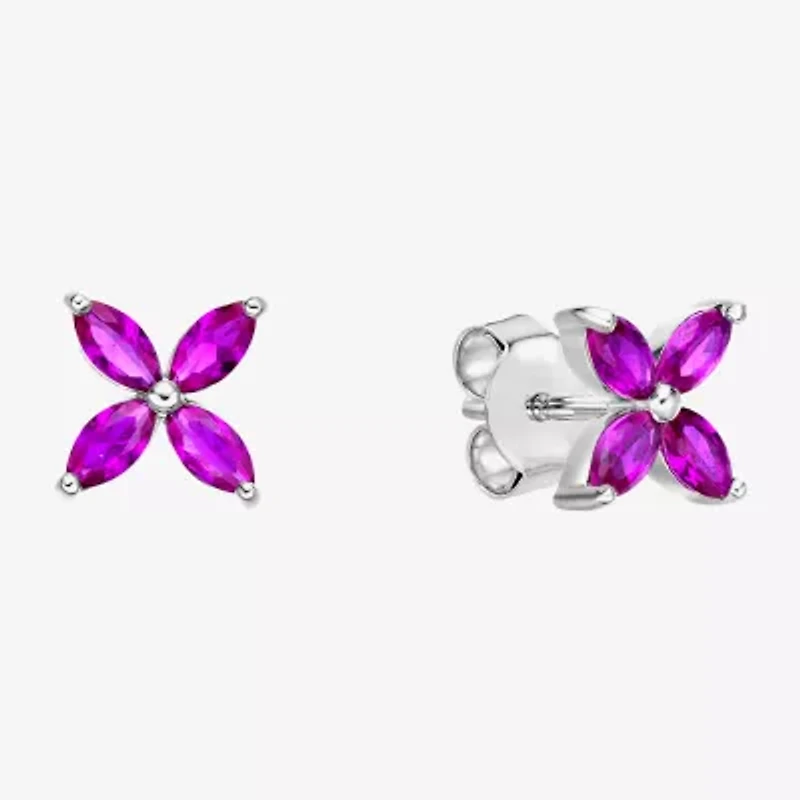 Lab Created Red Ruby Sterling Silver 7.5mm Flower Stud Earrings