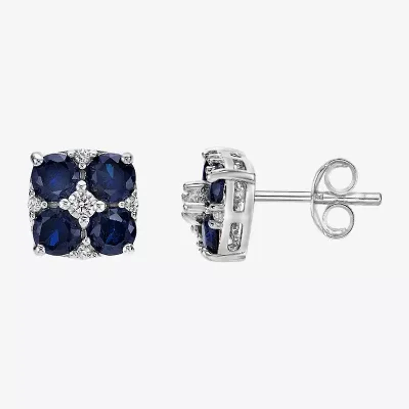 Lab Created Blue Sapphire Sterling Silver 7.5mm Flower Stud Earrings
