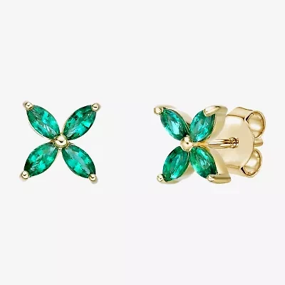 Lab Created Green Emerald 18K Gold Over Silver 7.5mm Flower Stud Earrings