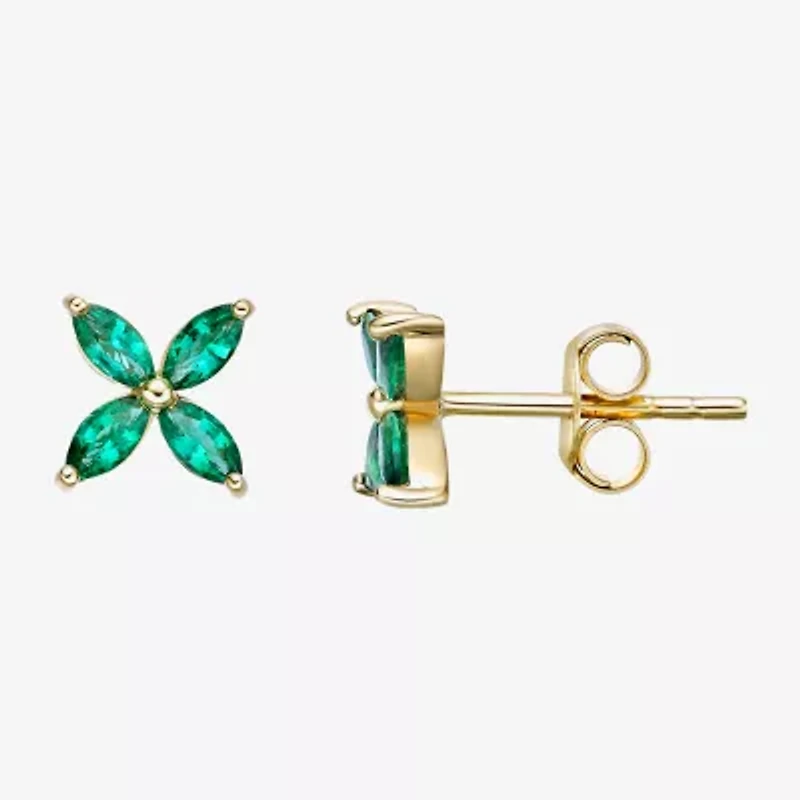 Lab Created Green Emerald 18K Gold Over Silver 7.5mm Flower Stud Earrings