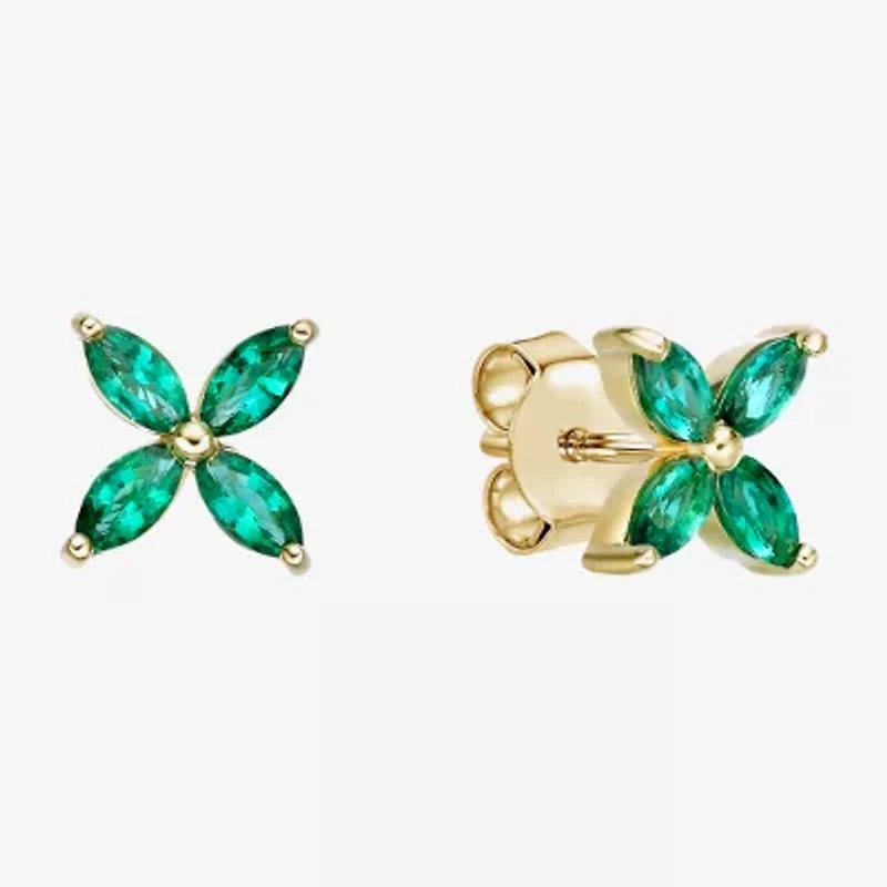 Lab Created Green Emerald 18K Gold Over Silver 7.5mm Flower Stud Earrings