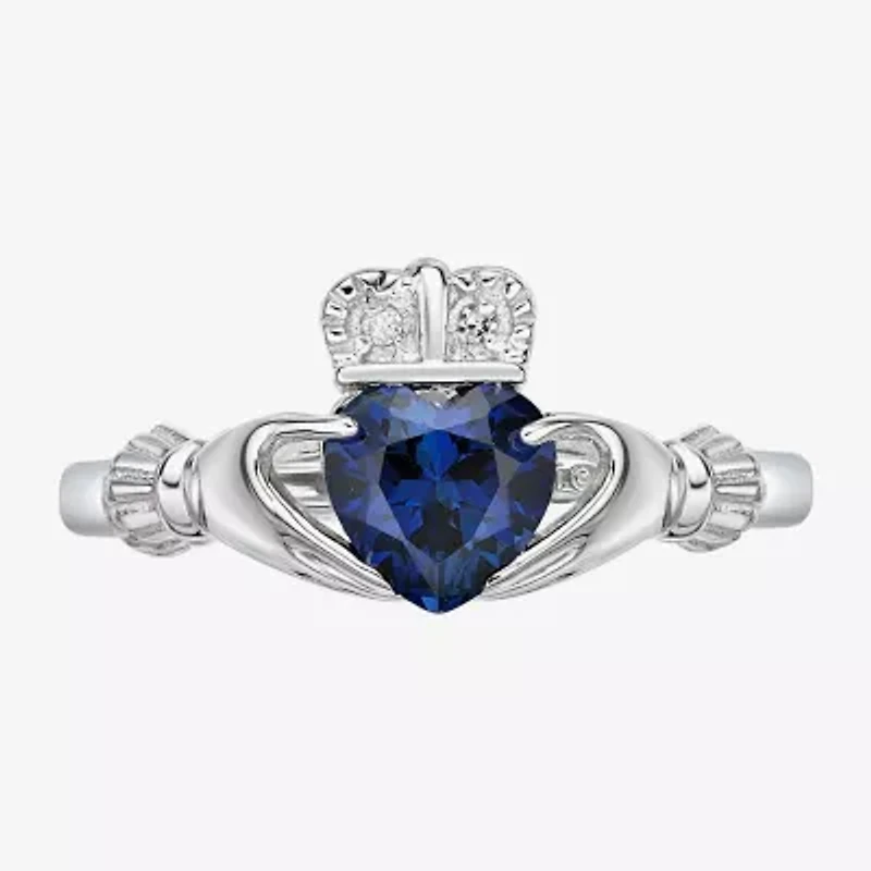 Womens Diamond Accent Lab Created Sapphire Sterling Silver Claddagh Cocktail Ring