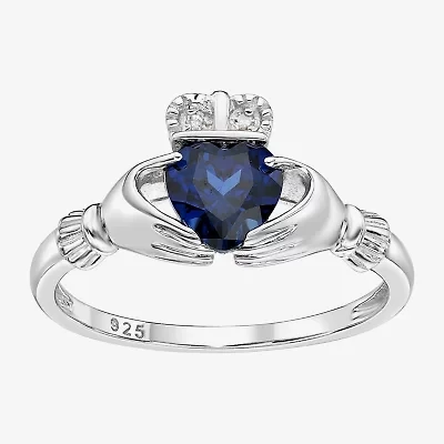 Womens Diamond Accent Lab Created Sapphire Sterling Silver Claddagh Cocktail Ring