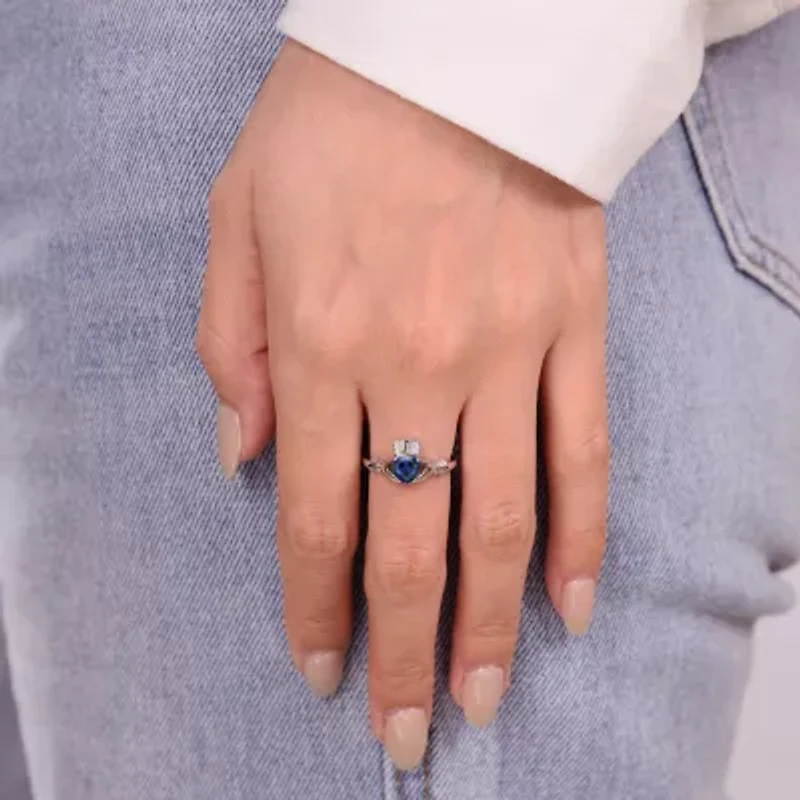 Womens Diamond Accent Lab Created Sapphire Sterling Silver Claddagh Cocktail Ring