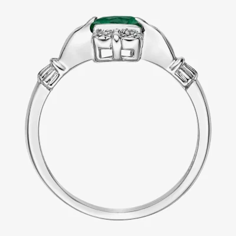 Womens Diamond Accent Lab Created Green Emerald Sterling Silver Claddagh Cocktail Ring