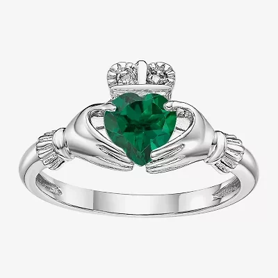 Womens Diamond Accent Lab Created Green Emerald Sterling Silver Claddagh Cocktail Ring