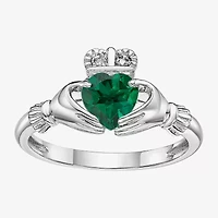 Womens Diamond Accent Lab Created Green Emerald Sterling Silver Claddagh Cocktail Ring
