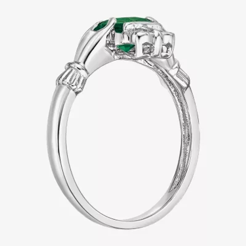 Womens Diamond Accent Lab Created Green Emerald Sterling Silver Claddagh Cocktail Ring