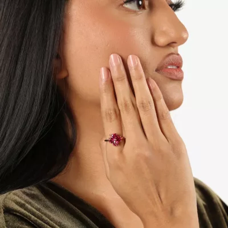 Womens Lab Created Red Ruby 18K Gold Over Silver Flower Cocktail Ring