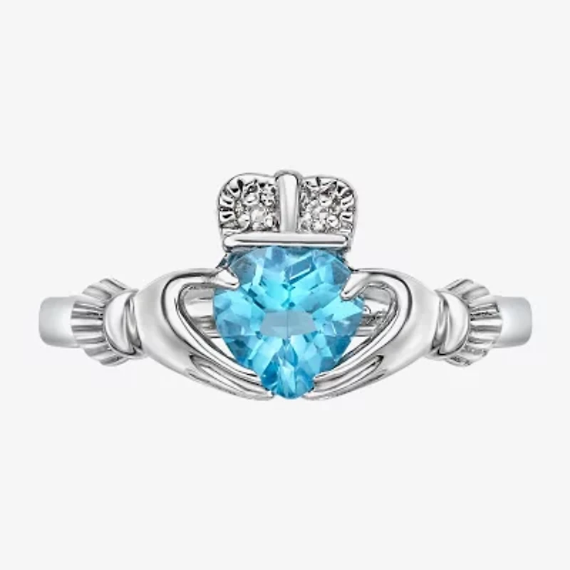 Womens Diamond Accent Genuine Blue Topaz Sterling Silver Claddagh Cocktail Ring