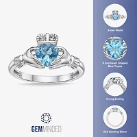 Womens Diamond Accent Genuine Blue Topaz Sterling Silver Claddagh Cocktail Ring
