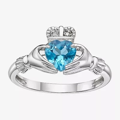 Womens Diamond Accent Genuine Blue Topaz Sterling Silver Claddagh Cocktail Ring