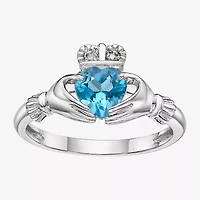 Womens Diamond Accent Genuine Blue Topaz Sterling Silver Claddagh Cocktail Ring