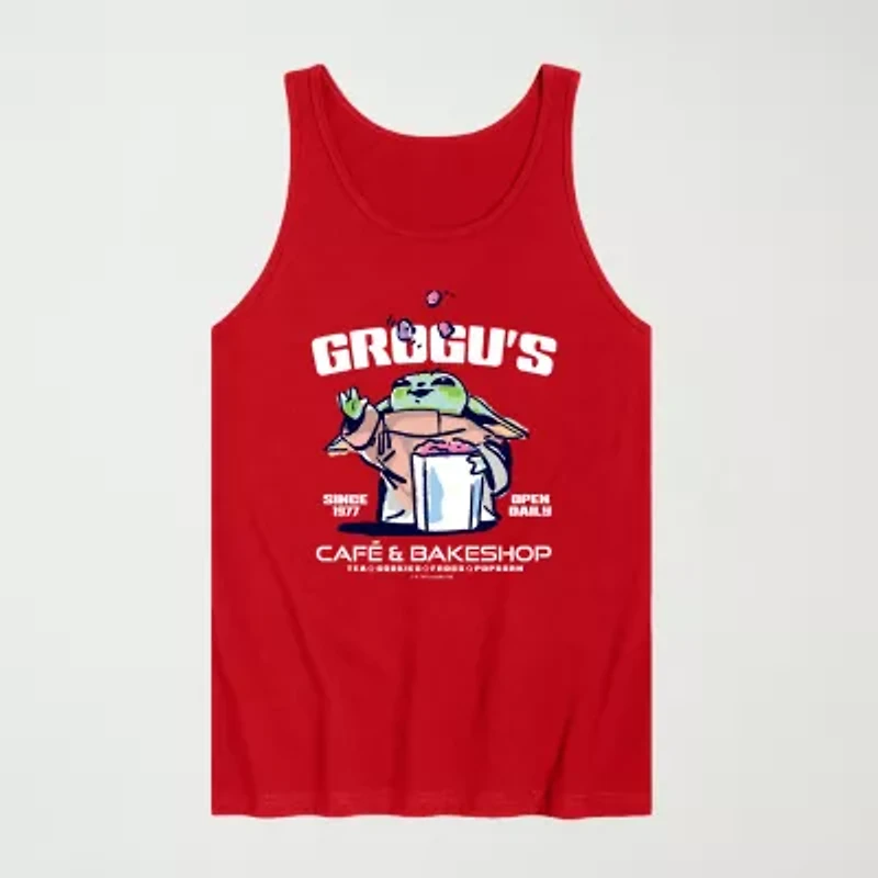 Novelty The Mandalorian And Grogu Cafe Bakeshop Mens Crew Neck Sleeveless Regular Fit Baby Yoda Star Wars Graphic T-Shirt