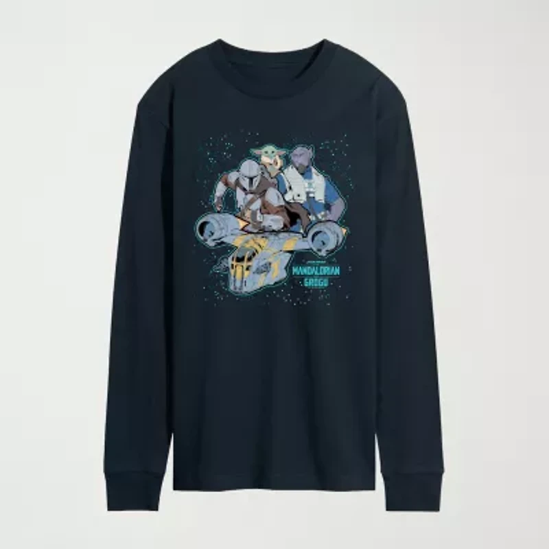 Novelty The Mandalorian And Grogu Collage Mens Crew Neck Long Sleeve Regular Fit Baby Yoda Star Wars Graphic T-Shirt
