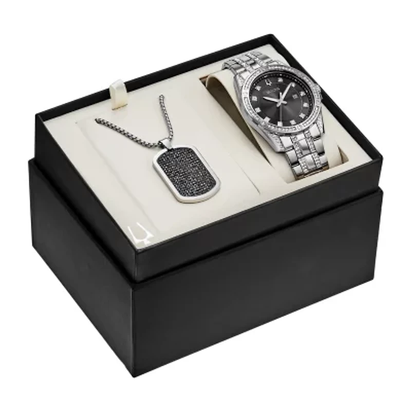 Bulova Crystal Mens Silver Tone Stainless Steel Watch Boxed Set 96k104