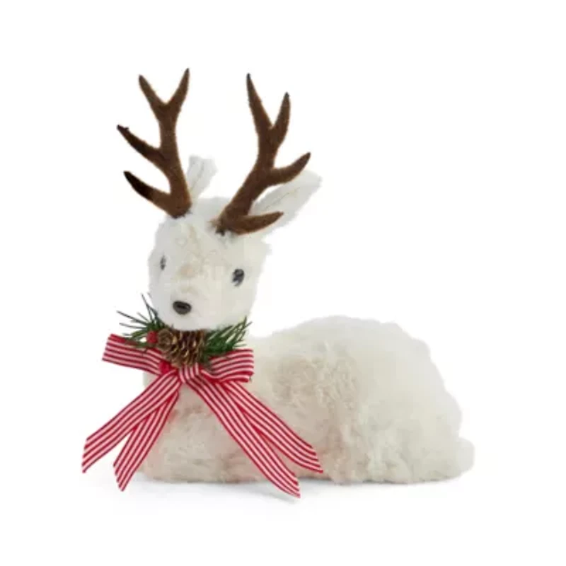 North Pole Trading Co. Sitting White Fuzzy Reindeer Christmas Tabletop Decor