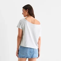 New World Rolling Stones Off The Shoulder Womens Short Sleeve Loose Fit Juniors Graphic T-Shirt
