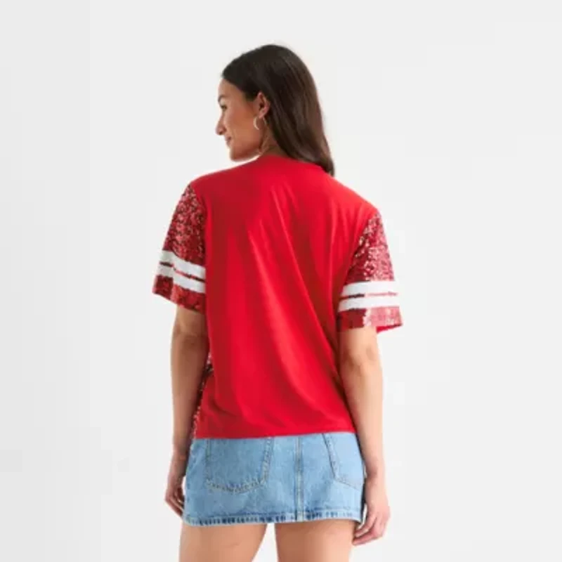 Gameday Sequin Top Womens Crew Neck Short Sleeve Regular Fit Juniors Graphic T-Shirt