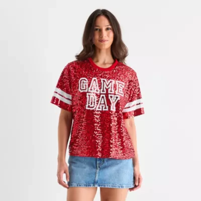 Gameday Sequin Top Womens Crew Neck Short Sleeve Regular Fit Juniors Graphic T-Shirt