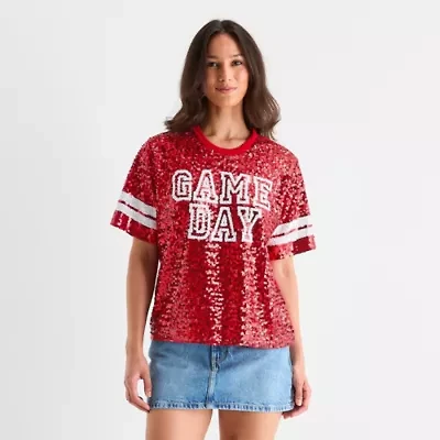 Gameday Sequin Top Womens Crew Neck Short Sleeve Regular Fit Juniors Graphic T-Shirt
