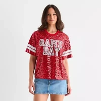 Gameday Sequin Top Womens Crew Neck Short Sleeve Regular Fit Juniors Graphic T-Shirt