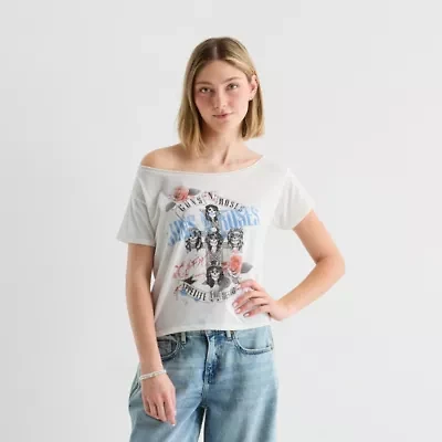 New World Guns N' Roses Off The Shoulder Tee Womens Crew Neck Short Sleeve Juniors Graphic T-Shirt